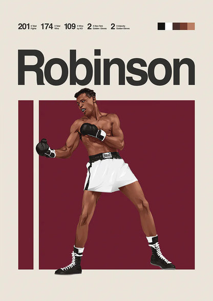 Sugar Ray Robinson poster showing boxing legend mid-motion in black gloves