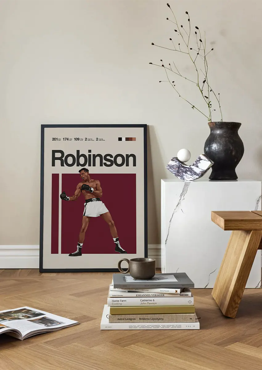 Vintage boxing art print of Sugar Ray Robinson in white trunks