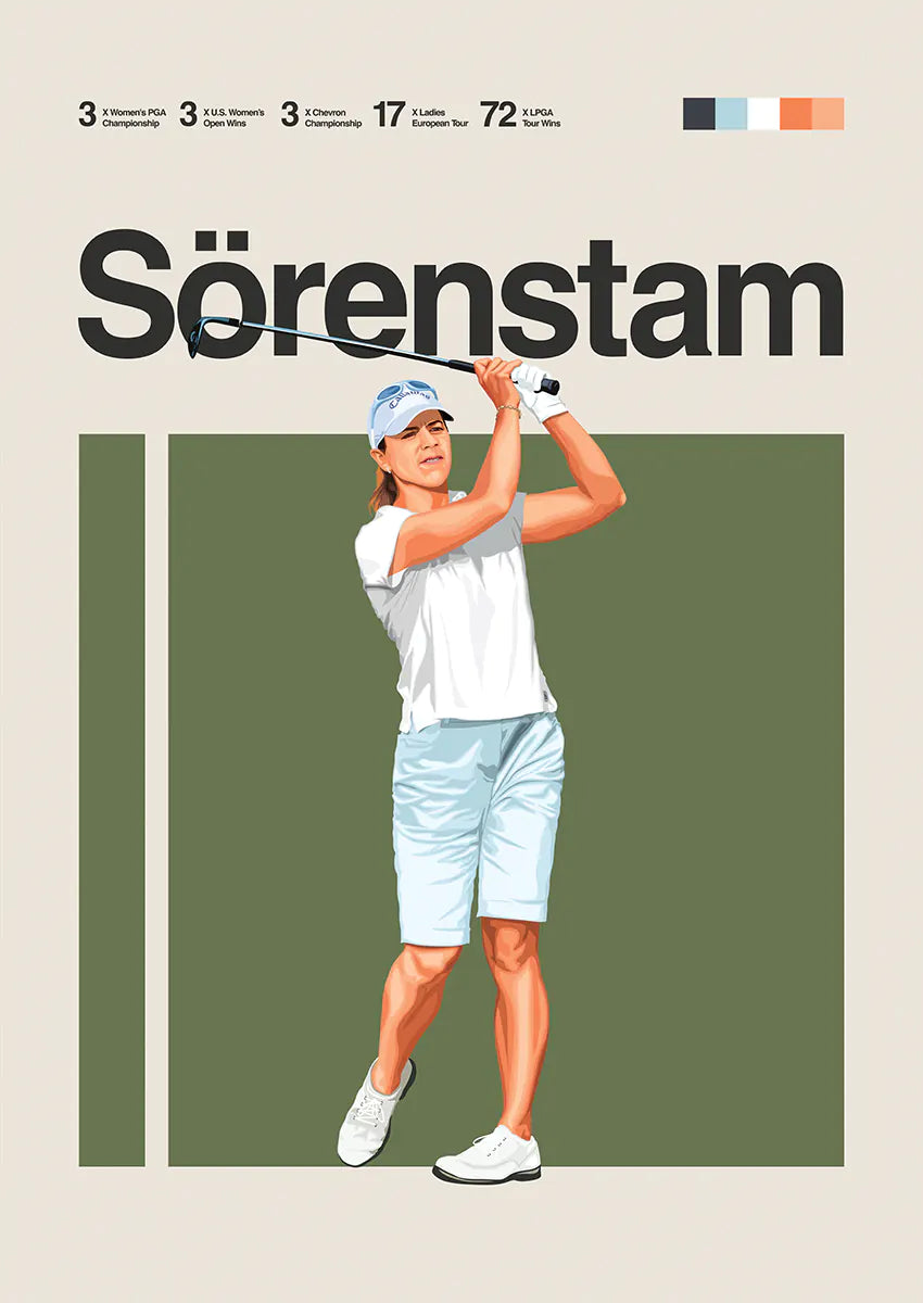 golf swing poster with female golfer mid-motion and olive green background