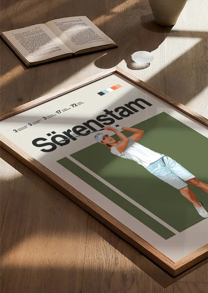 golf wall art for sports fans featuring female athlete in stylish white-blue outfit