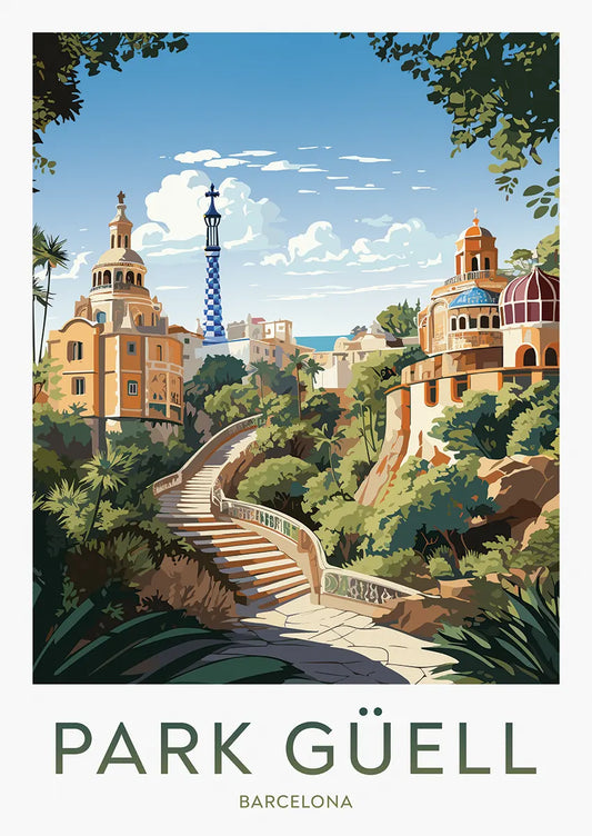 Park Güell Barcelona travel poster with Gaudí architecture and palm trees