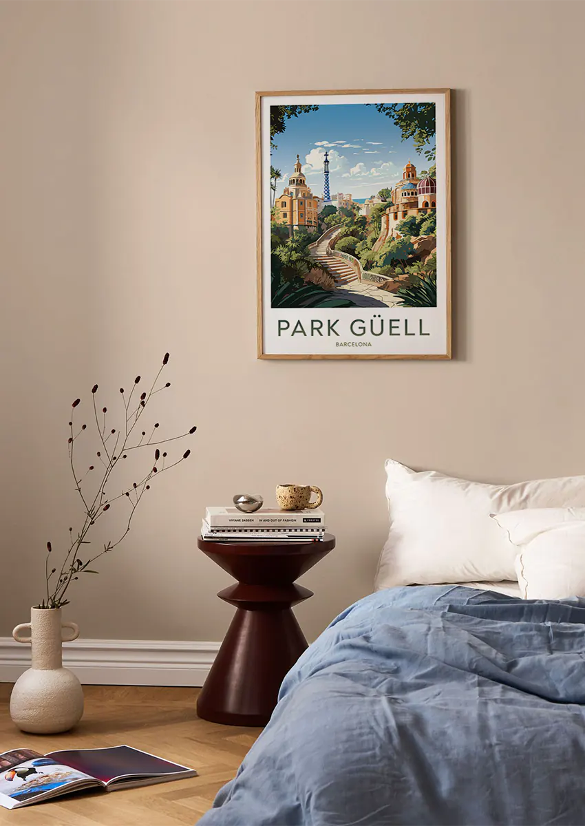 colorful Barcelona Spain wall art featuring Park Güell staircase