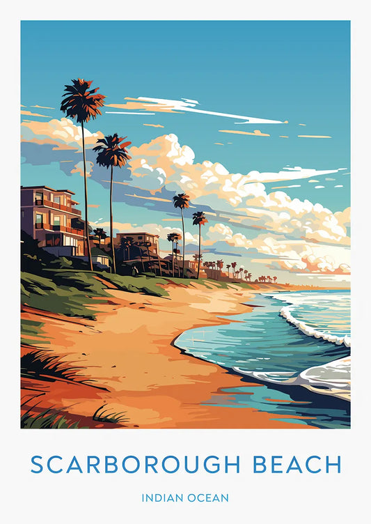 Scarborough Beach travel poster with Indian Ocean sunset and palm trees