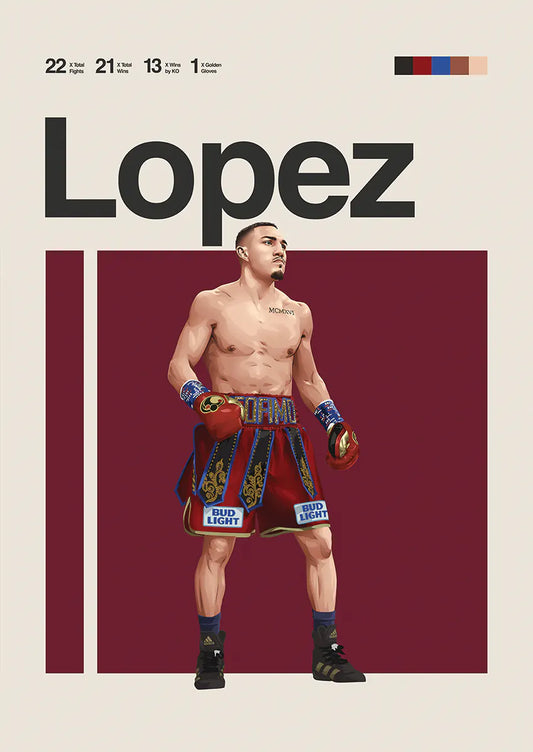 Teofimo Lopez poster in red and gold boxing trunks with champion's stare