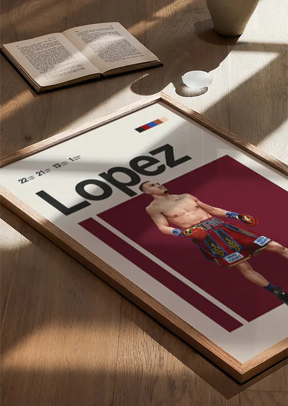 Powerful athlete portrait of Teofimo Lopez for sports fans and decor