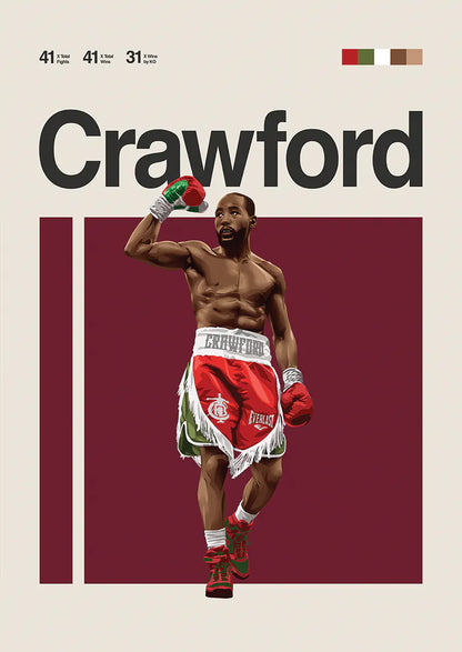 Terence Crawford poster in red and green boxing trunks celebrating victory