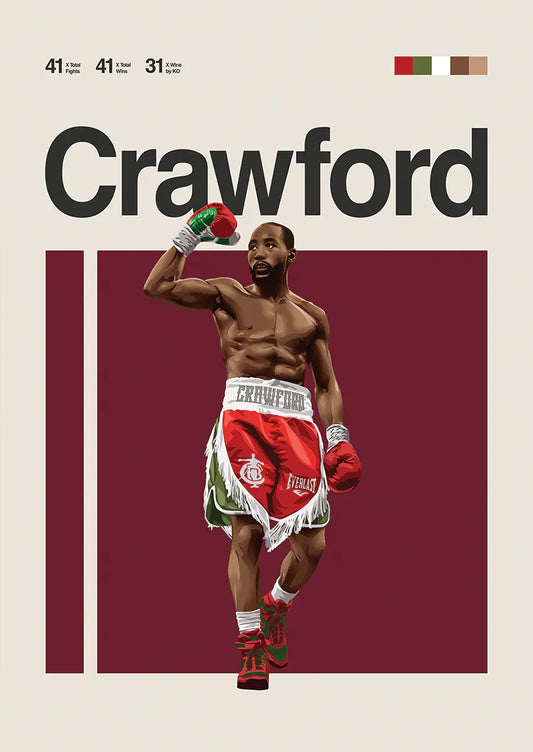 Terence Crawford poster in red and green boxing trunks celebrating victory