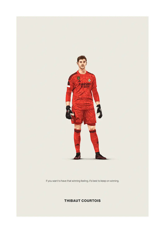 Thibaut Courtois football poster in Real Madrid red goalkeeper kit