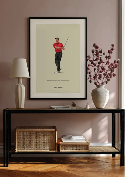 Red and black golf-themed wall art featuring Tiger Woods mid-swing
