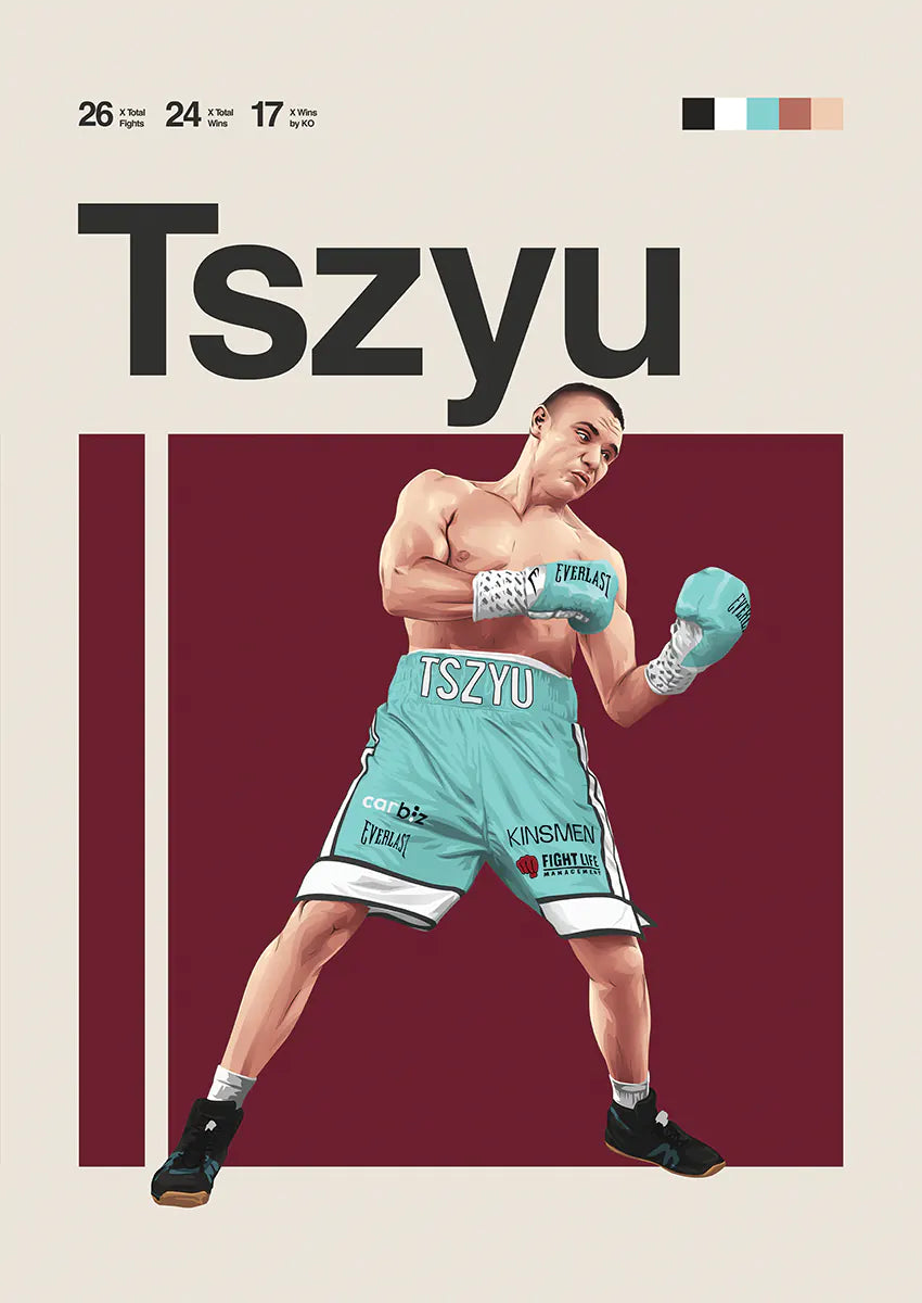 Tim Tszyu poster in teal boxing trunks and gloves mid-punch action