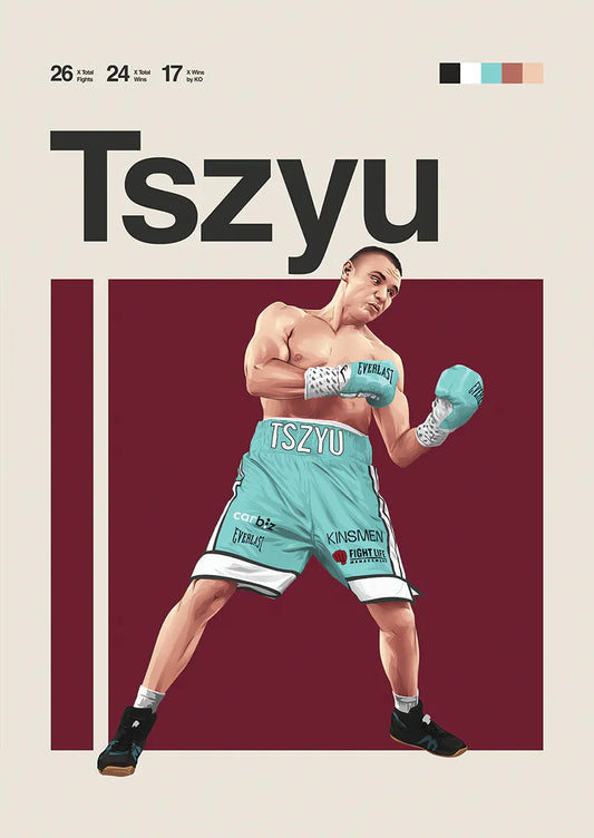 Tim Tszyu poster in teal boxing trunks and gloves mid-punch action