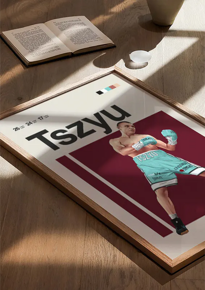 Australian boxer Tim Tszyu illustrated in iconic teal fight gear