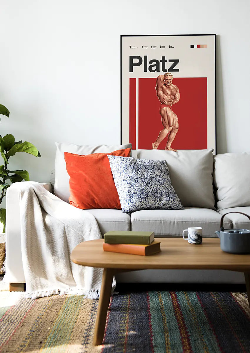 Vintage muscle art print of Tom Platz with red backdrop
