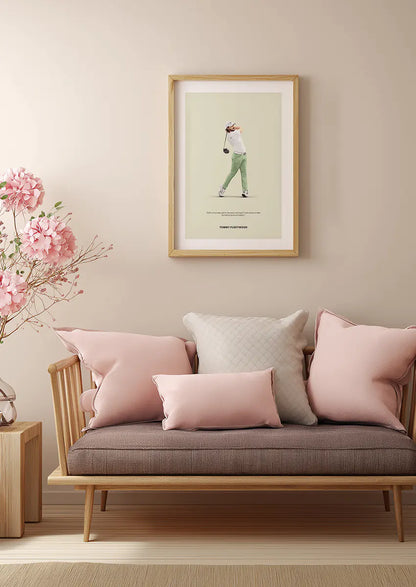 Minimalist golf wall art featuring Tommy Fleetwood in green and white outfit