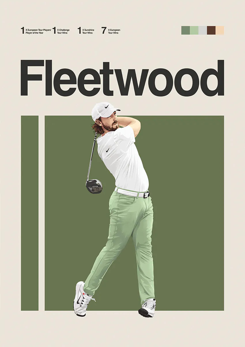 Tommy Fleetwood poster featuring smooth golf swing and pastel green pants