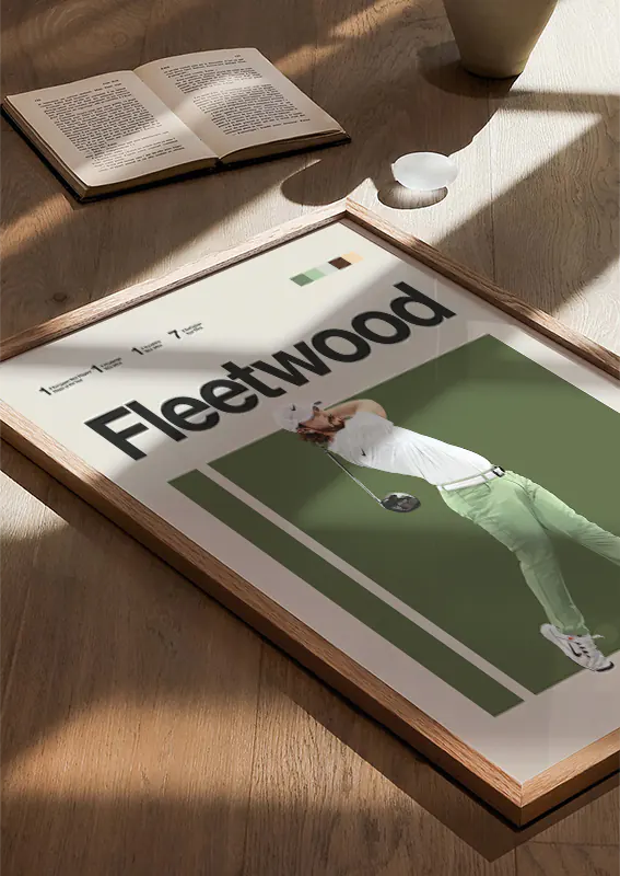 Stylish golf print showing Tommy Fleetwood mid-swing