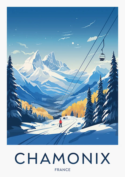 Chamonix ski resort poster with gondola and mountain view