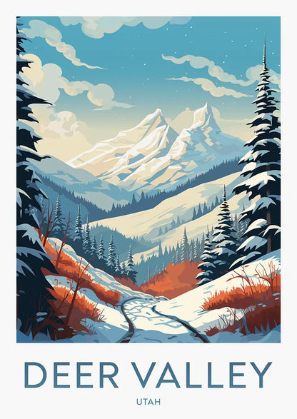 Deer Valley Utah winter landscape poster with snow trail