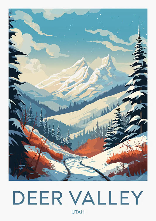 Deer Valley Utah winter landscape poster with snow trail
