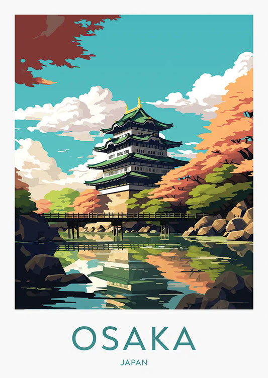 osaka japan autumn poster with osaka castle and colorful leaves