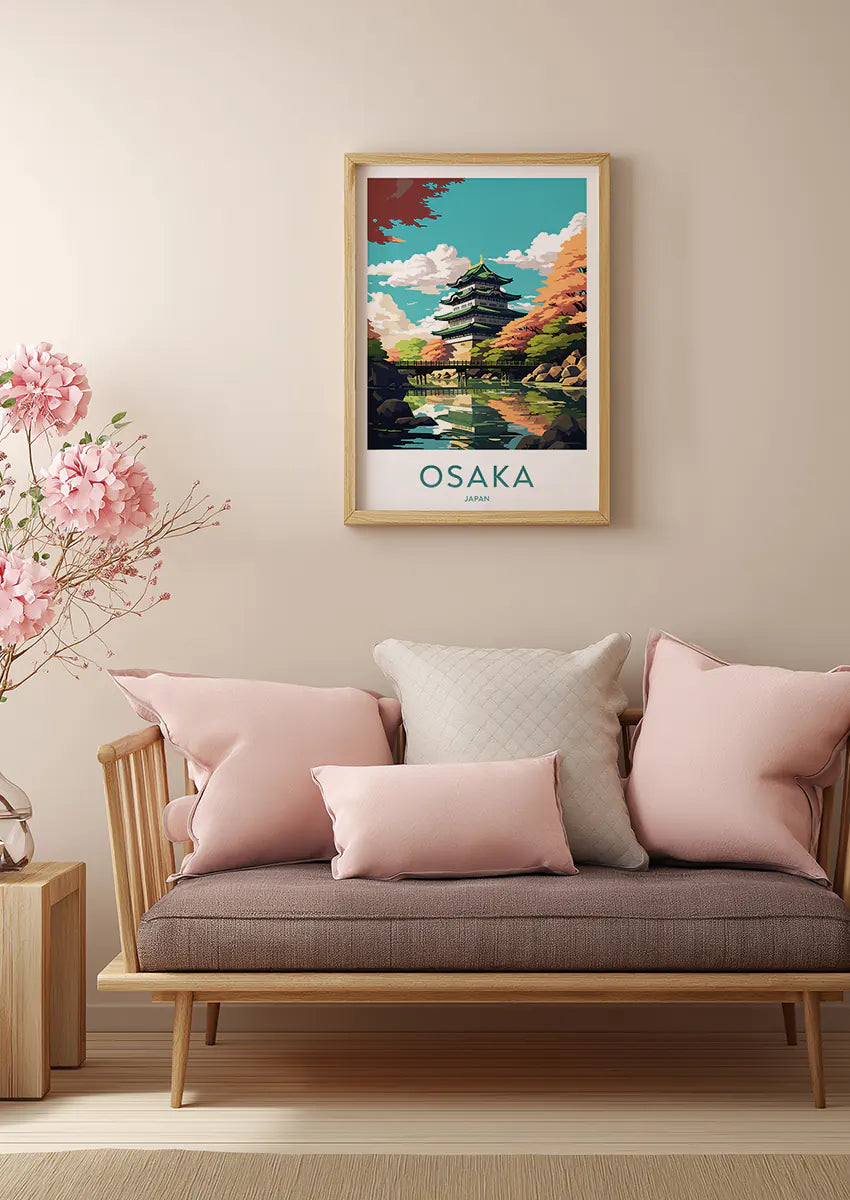 japanese travel art print featuring historic architecture and nature reflection