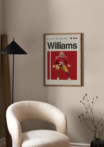 NFL wall art of offensive lineman Trent Williams in bold red and gold