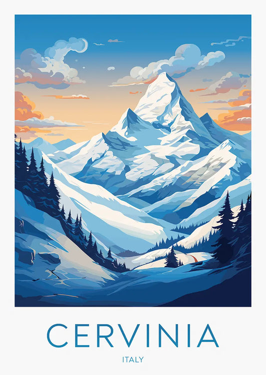 Cervinia Italy poster with snowy mountain at sunset