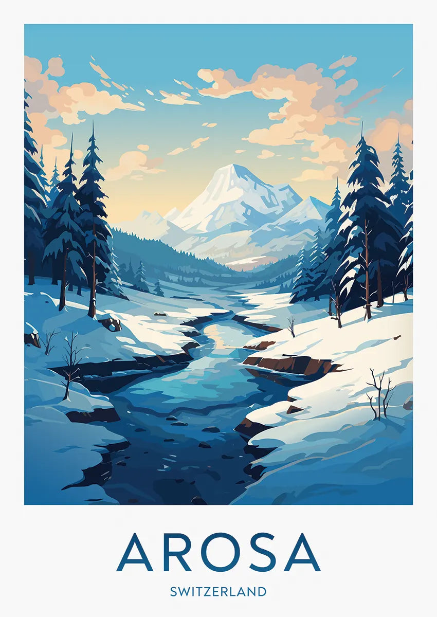 Arosa Switzerland travel poster with snowy valley and flowing stream