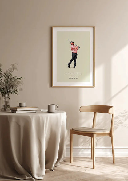 Modern wall art of Tyrrell Hatton mid-swing in pink shirt and black pants