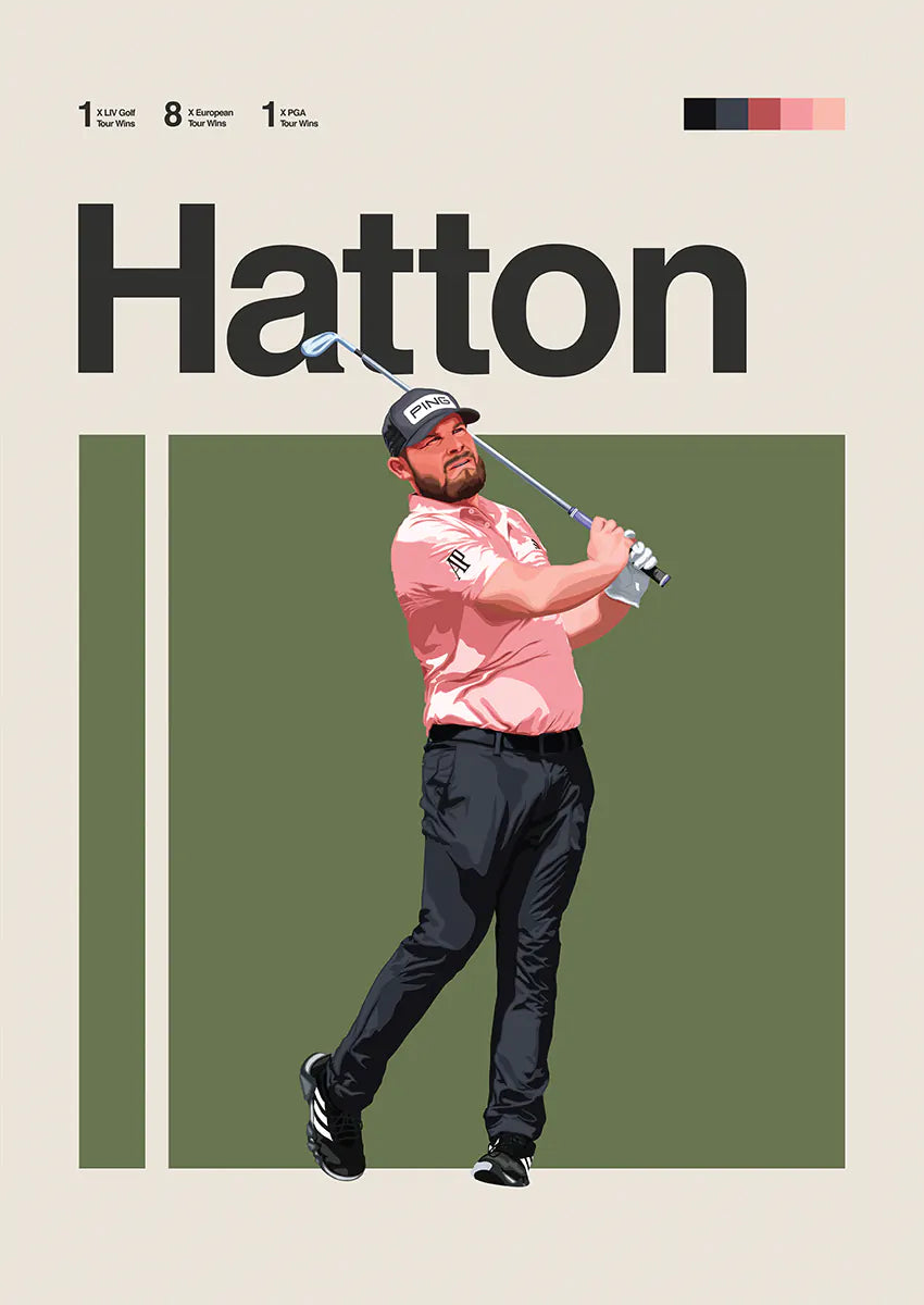 Tyrrell Hatton poster with confident golf swing and pink shirt