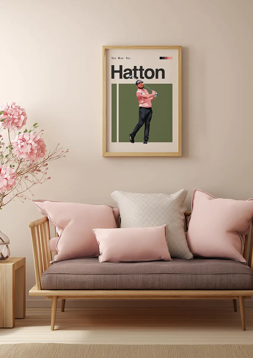 Modern golf wall art of Tyrrell Hatton in powerful follow-through