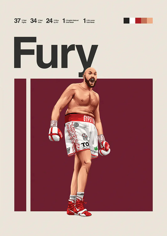 Tyson Fury poster with iconic champion roar in white and red gear
