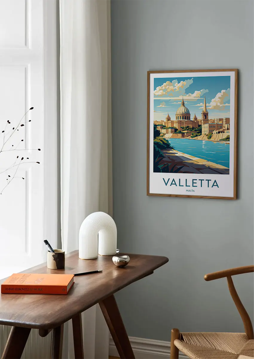 European travel poster featuring domes, spires and harbor view