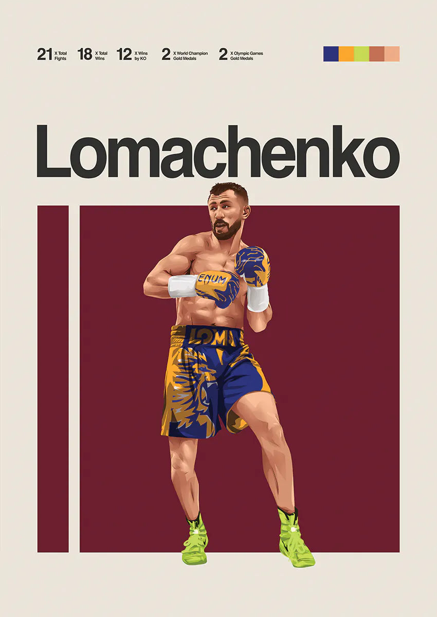Vasiliy Lomachenko poster in yellow-blue trunks with sharp boxing stance