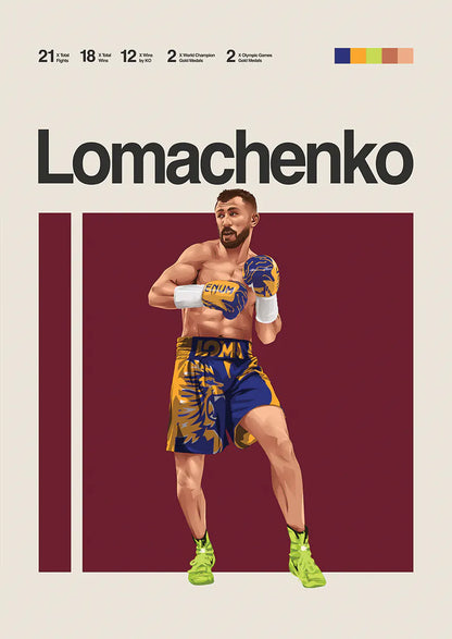 Vasiliy Lomachenko poster in yellow-blue trunks with sharp boxing stance