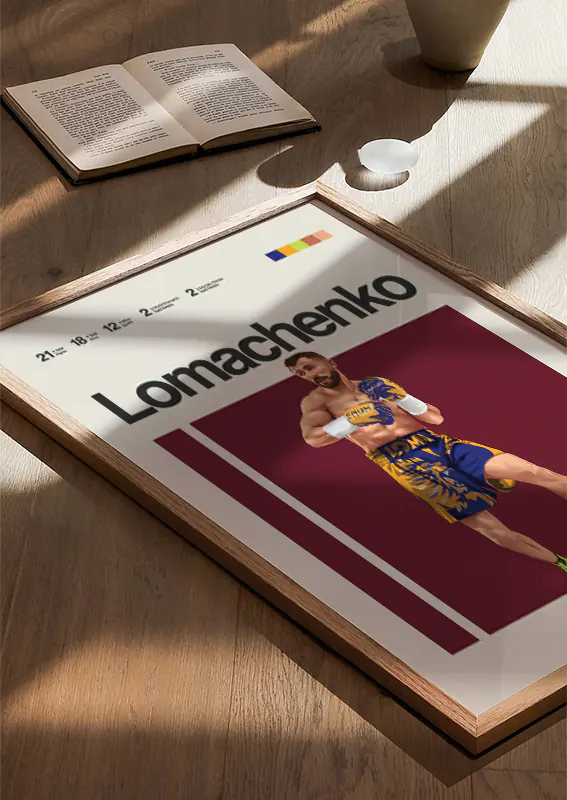 Ukrainian boxer Vasiliy Lomachenko in colorful gloves and footwork pose