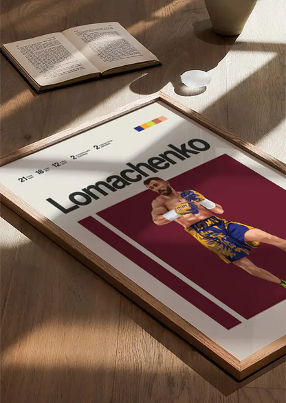 Ukrainian boxer Vasiliy Lomachenko in colorful gloves and footwork pose