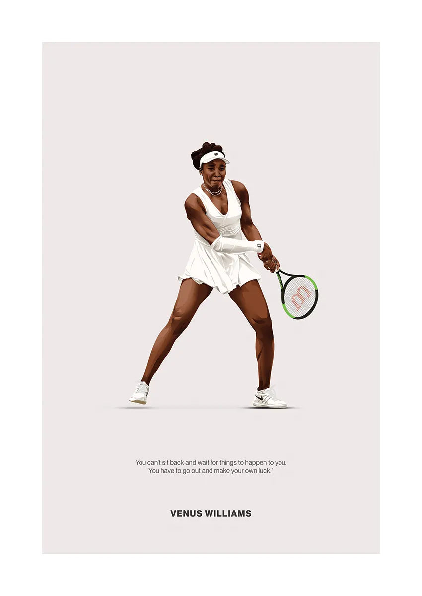 Venus Williams tennis poster with motivational quote in white outfit