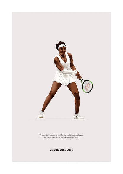 Venus Williams tennis poster with motivational quote in white outfit