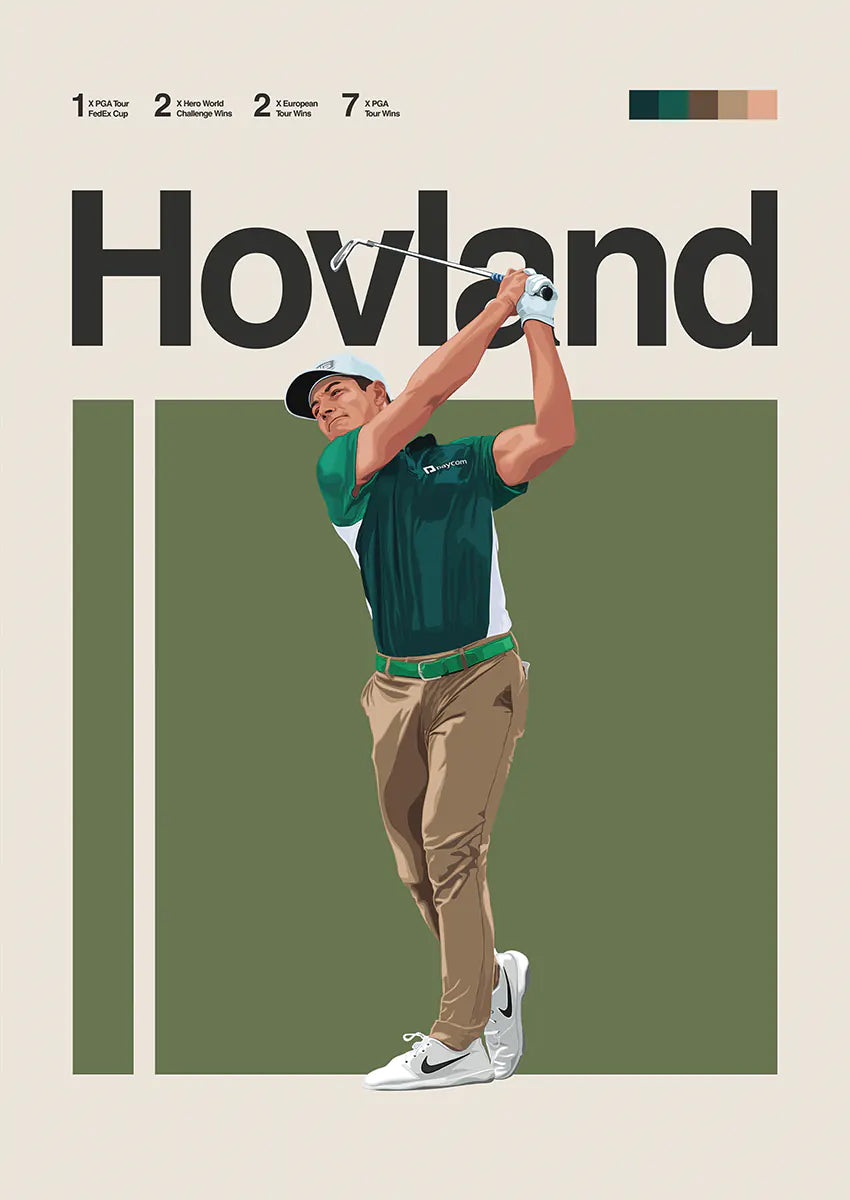 Viktor Hovland poster with focused golf swing and green polo