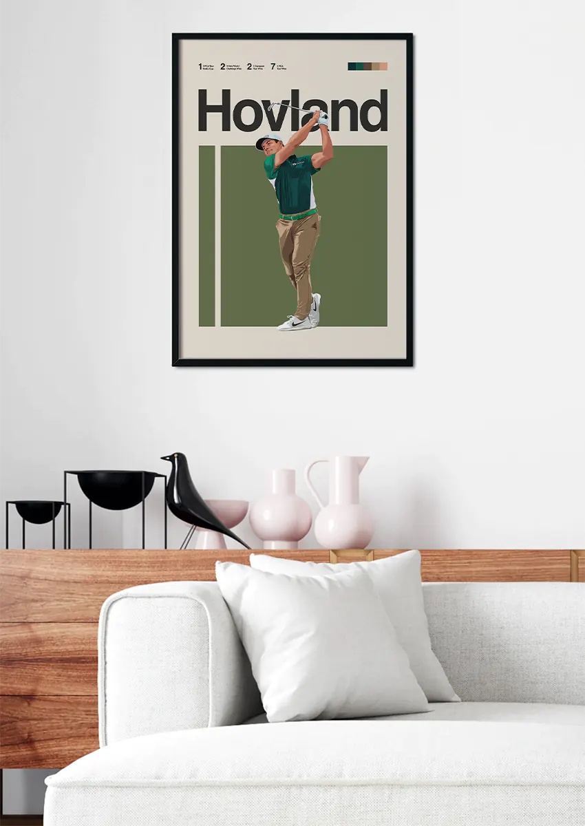 Modern golf wall art of Viktor Hovland in minimalist earthy tones
