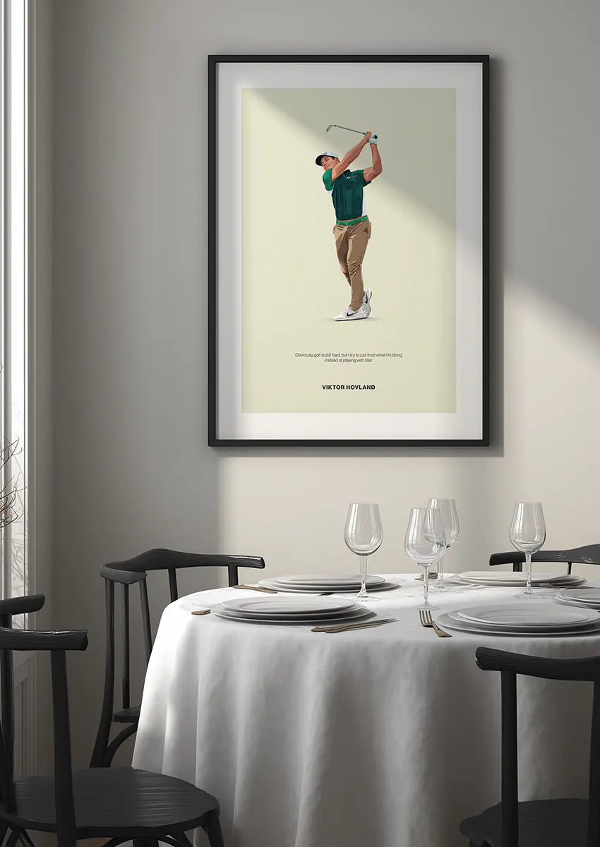 Modern green golf wall art featuring Viktor Hovland mid-swing