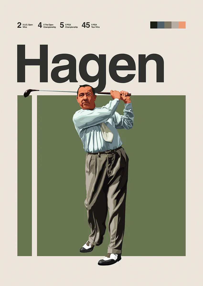 Walter Hagen poster with classic golf swing in vintage style
