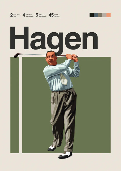 Walter Hagen poster with classic golf swing in vintage style