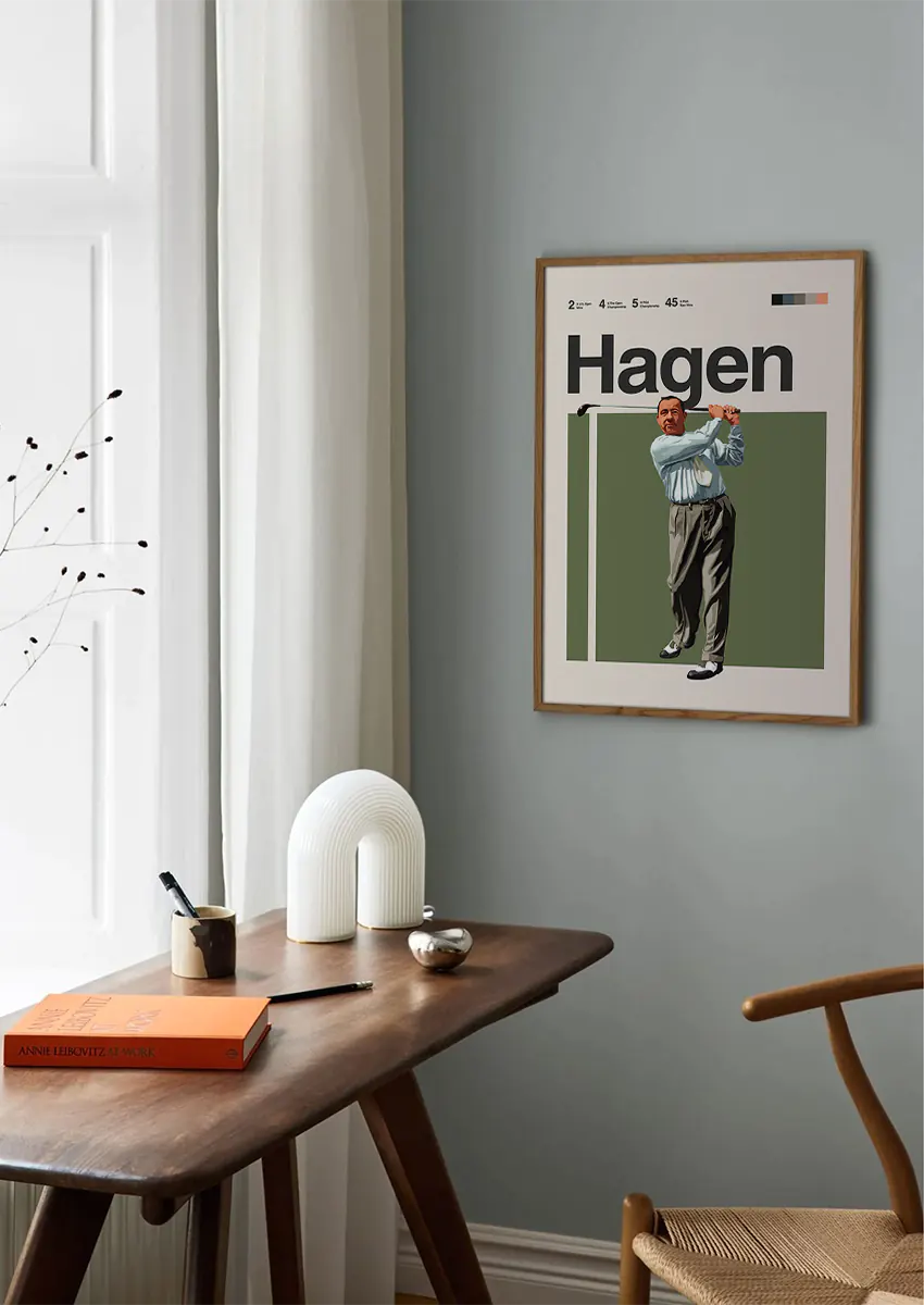 Historic golf wall art of Walter Hagen with pastel and neutral tones