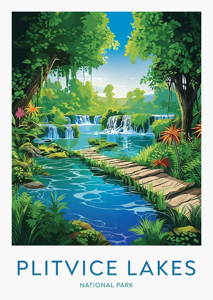 Plitvice Lakes Croatia travel poster with waterfalls and turquoise water