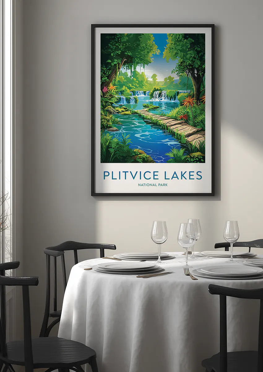 lush nature wall art with wooden path and greenery from Plitvice Lakes
