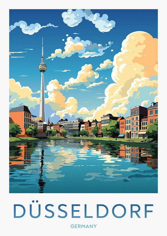 Düsseldorf Germany poster with colorful waterfront buildings