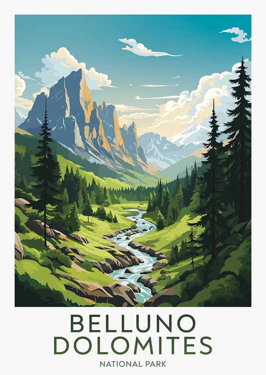 Belluno Dolomites travel poster with towering peaks and forest stream