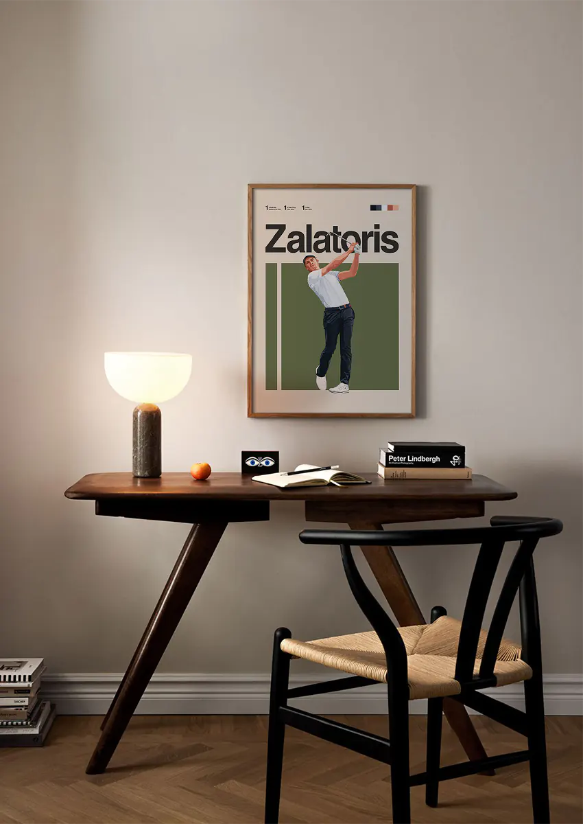 Golf wall art of Will Zalatoris in white shirt and navy trousers